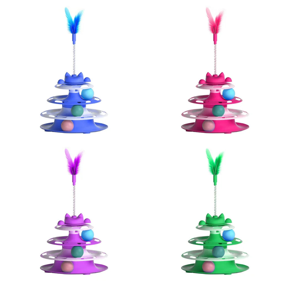 This Cat Tower can Provide Hours of Fun for your Pet. There are 3 Layers of circles With Balls and Feathers attached to a Spring. Choose From 4 Different colors.