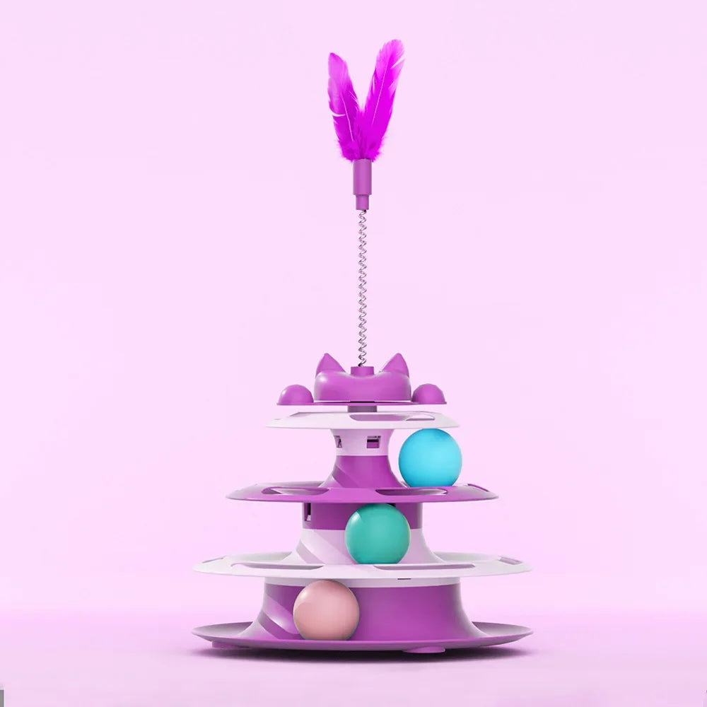 This Cat Tower can Provide Hours of Fun for your Pet. There are 3 Layers of circles With Balls and Feathers attached to a Spring. Choose From 4 Different colors.