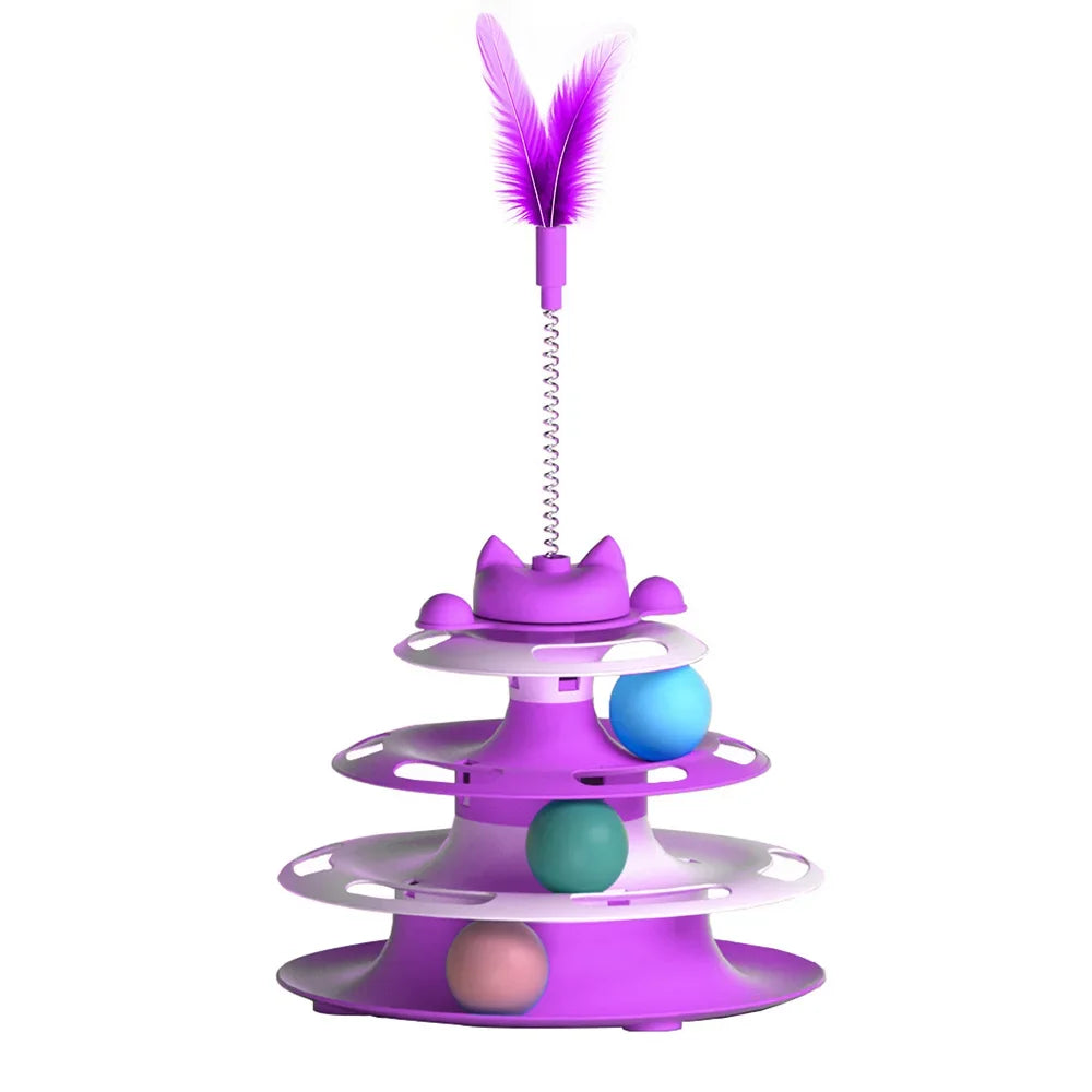 This Cat Tower can Provide Hours of Fun for your Pet. There are 3 Layers of circles With Balls and Feathers attached to a Spring. Choose From 4 Different colors.
