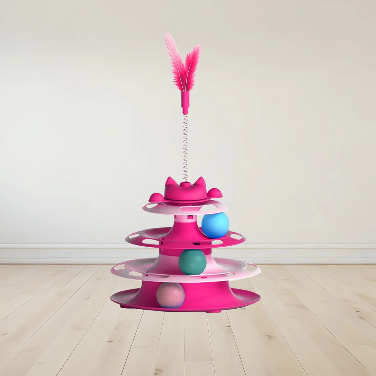 This Cat Tower can Provide Hours of Fun for your Pet. There are 3 Layers of circles With Balls and Feathers attached to a Spring. Choose From 4 Different colors.