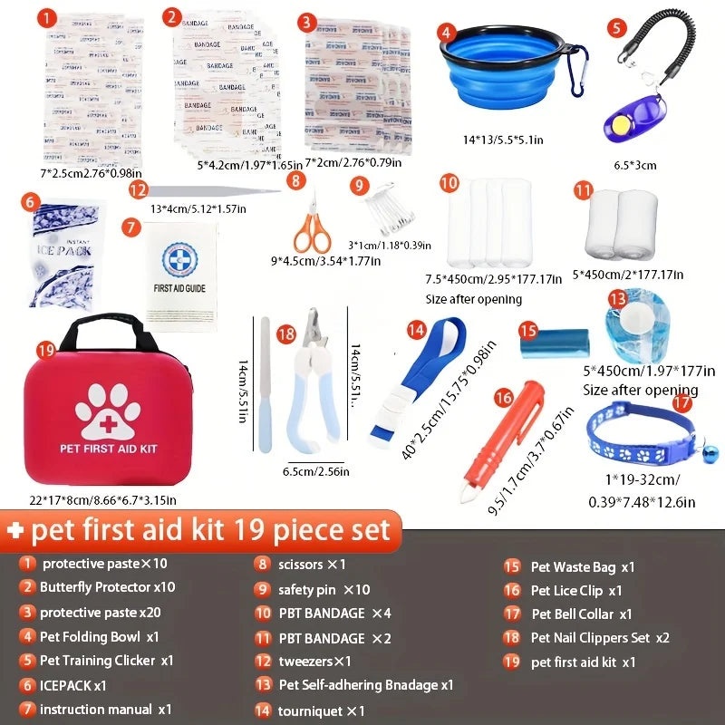 Pet First Aid Kit: Contains emergency supplies and an emergency blanket, suitable for hiking, camping, and backpacking. This emergency pet bag has everything you need to help your fur baby in case of an accident. It's a must