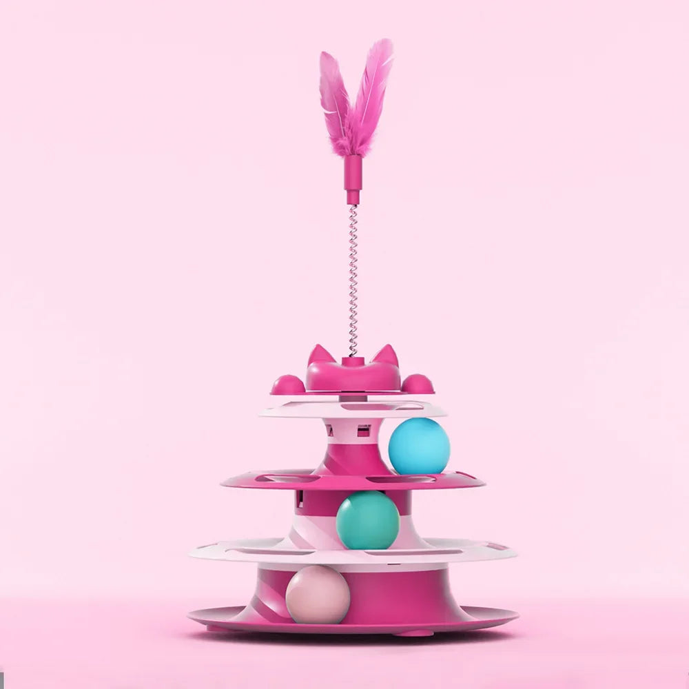 This Cat Tower can Provide Hours of Fun for your Pet. There are 3 Layers of circles With Balls and Feathers attached to a Spring. Choose From 4 Different colors.