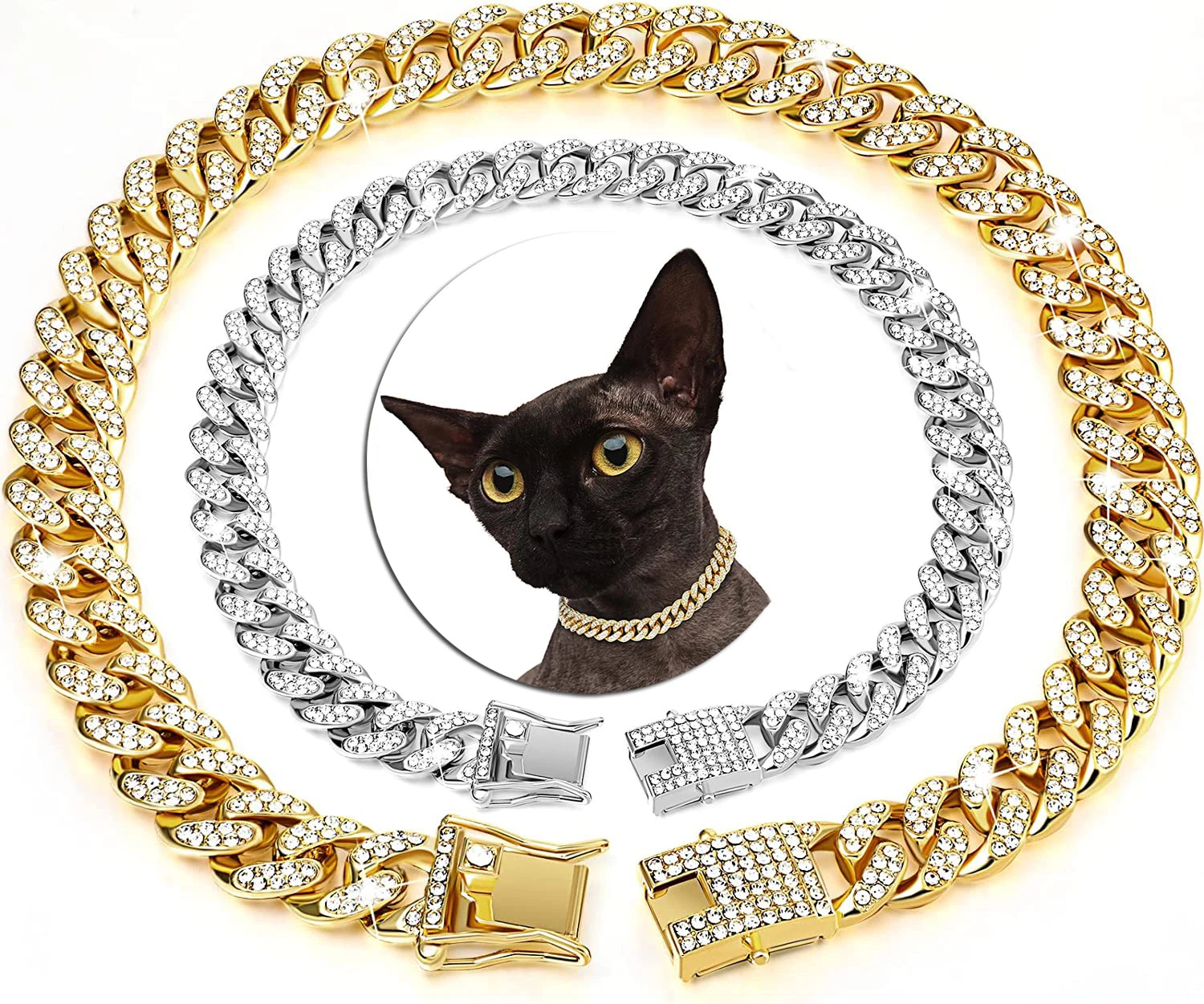 Luxury Cuban Link Rhinestone Collars are Perfect for Cats, Puppies and Full Size Dogs. This Rhinestone Collar is the Perfect Accessory to Add a Little Style to Your Fur Baby. These Stylish Collars Come in Gold, Rose Gold or S