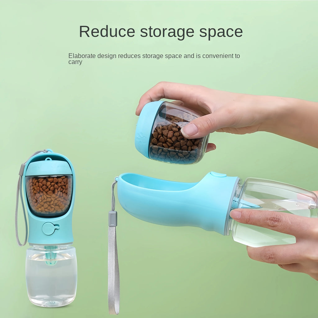 Portable Pet Water Bottle with Storage For Food and Water.  This Portable Travel Bottle Makes a Day Out Simple. With a Storage Space for Both Food and Water there's Less To Carry.
