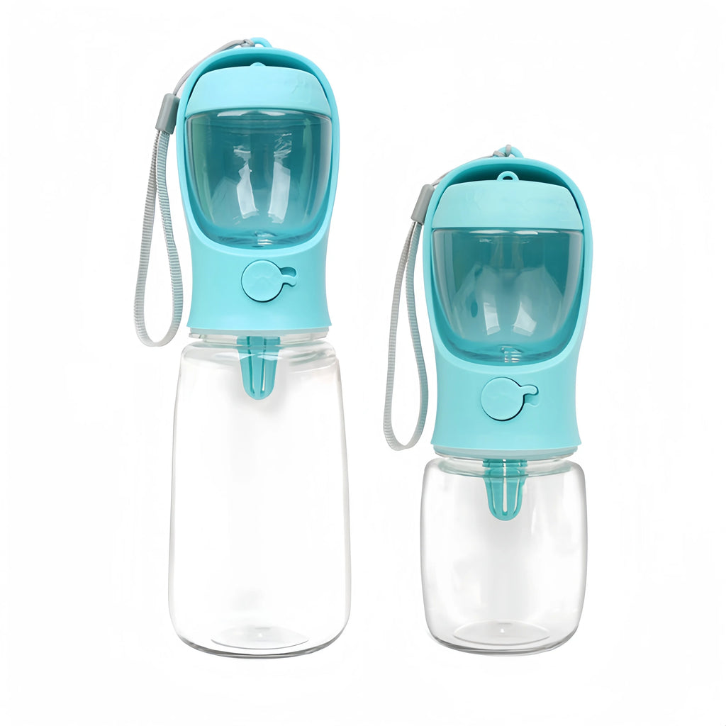 Portable Pet Water Bottle with Storage For Food and Water.  This Portable Travel Bottle Makes a Day Out Simple. With a Storage Space for Both Food and Water there's Less To Carry.