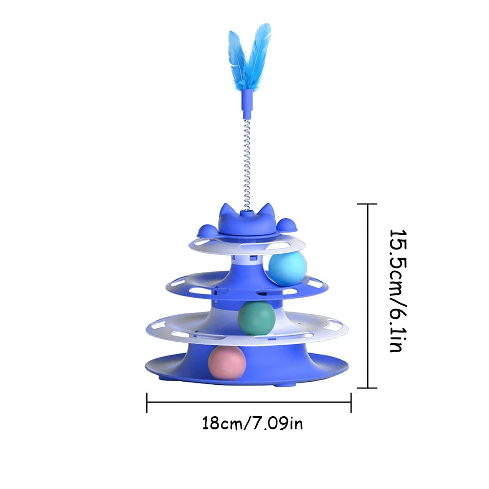 This Cat Tower can Provide Hours of Fun for your Pet. There are 3 Layers of circles With Balls and Feathers attached to a Spring. Choose From 4 Different colors.