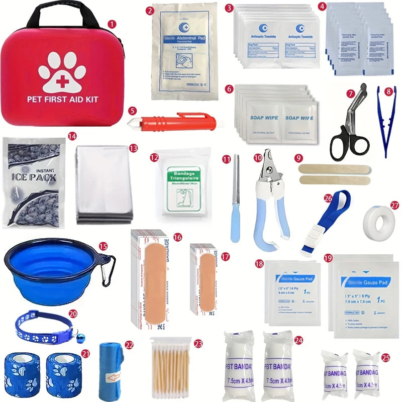 Pet First Aid Kit: Contains emergency supplies and an emergency blanket, suitable for hiking, camping, and backpacking. This emergency pet bag has everything you need to help your fur baby in case of an accident. It's a must