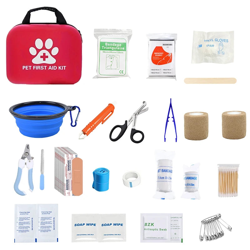 Pet First Aid Kit: Contains emergency supplies and an emergency blanket, suitable for hiking, camping, and backpacking. This emergency pet bag has everything you need to help your fur baby in case of an accident. It's a must