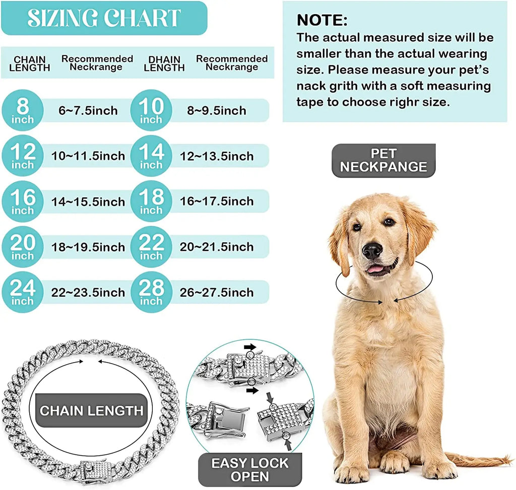 Luxury Cuban Link Rhinestone Collars are Perfect for Cats, Puppies and Full Size Dogs. This Rhinestone Collar is the Perfect Accessory to Add a Little Style to Your Fur Baby. These Stylish Collars Come in Gold, Rose Gold or S