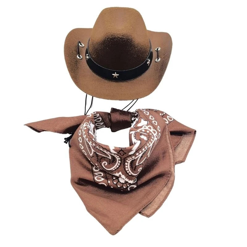 Dog Cowboy Costume    This Adorable Cowboy Hat and Bandana adds Extra Cuteness to any Already Cute Fur Baby. With Multiple Colors to Choose from You can Match Them to Any Themed Party or Pictures.