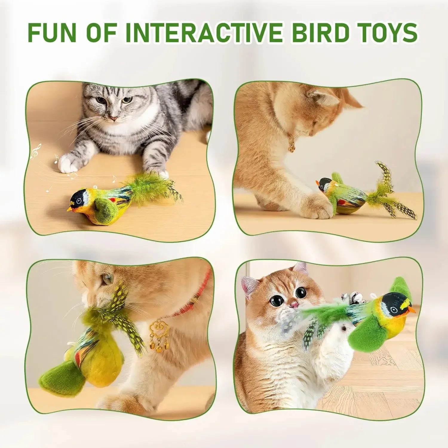 This is The Perfect Toy To Provide Hours of Fun for Your Fur Baby.  This Little Birdie Emulates Bird Sounds to Amuse, Elastic Rope to Relieve Boredom, and it's Resistant To Scratching and Biting'