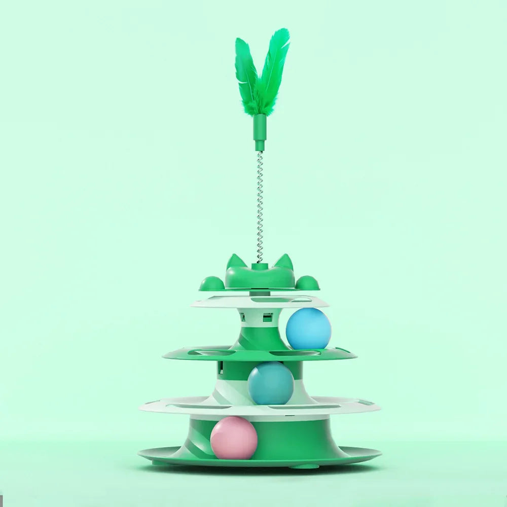 This Cat Tower can Provide Hours of Fun for your Pet. There are 3 Layers of circles With Balls and Feathers attached to a Spring. Choose From 4 Different colors.