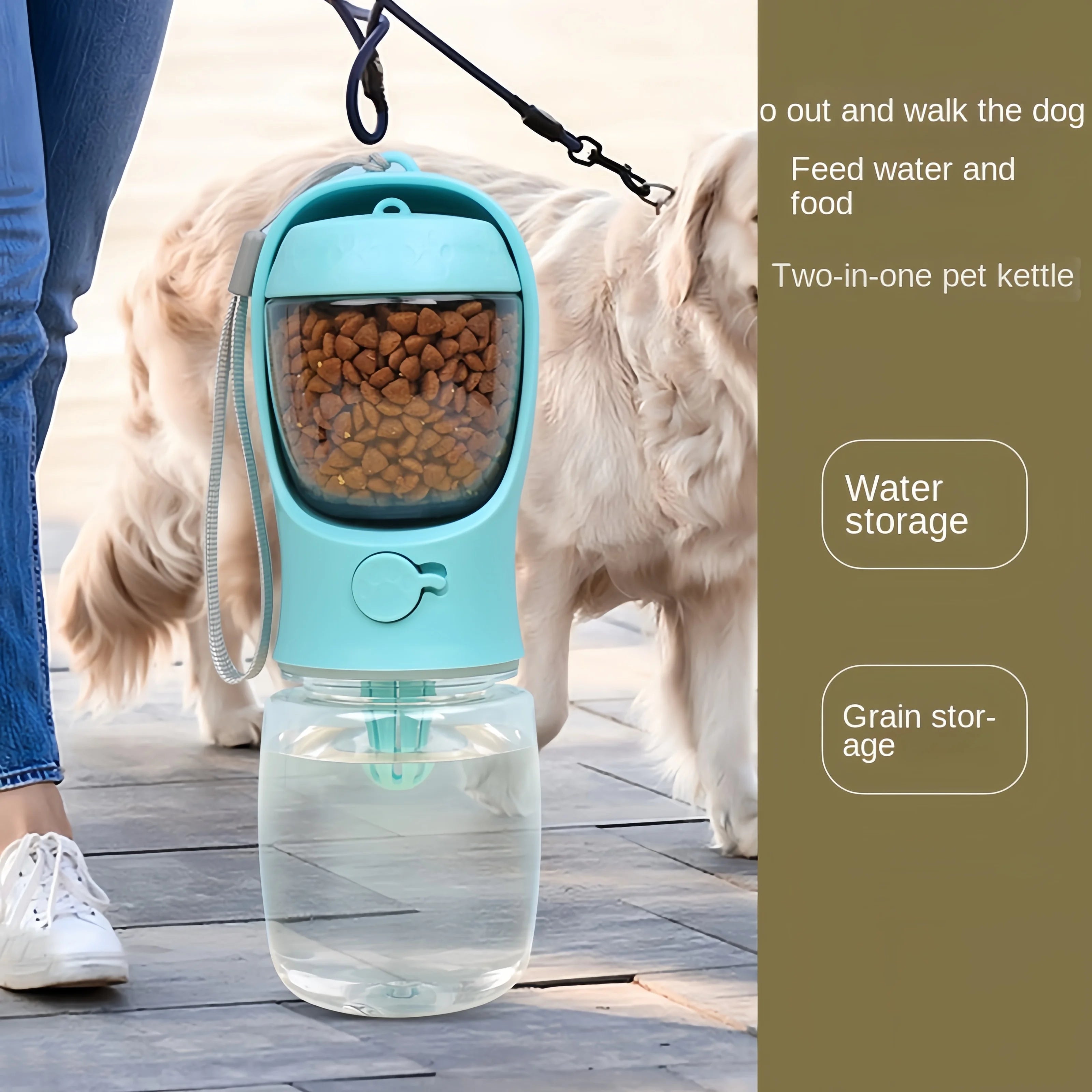 Portable Pet Water Bottle with Storage For Food and Water.  This Portable Travel Bottle Makes a Day Out Simple. With a Storage Space for Both Food and Water there's Less To Carry.